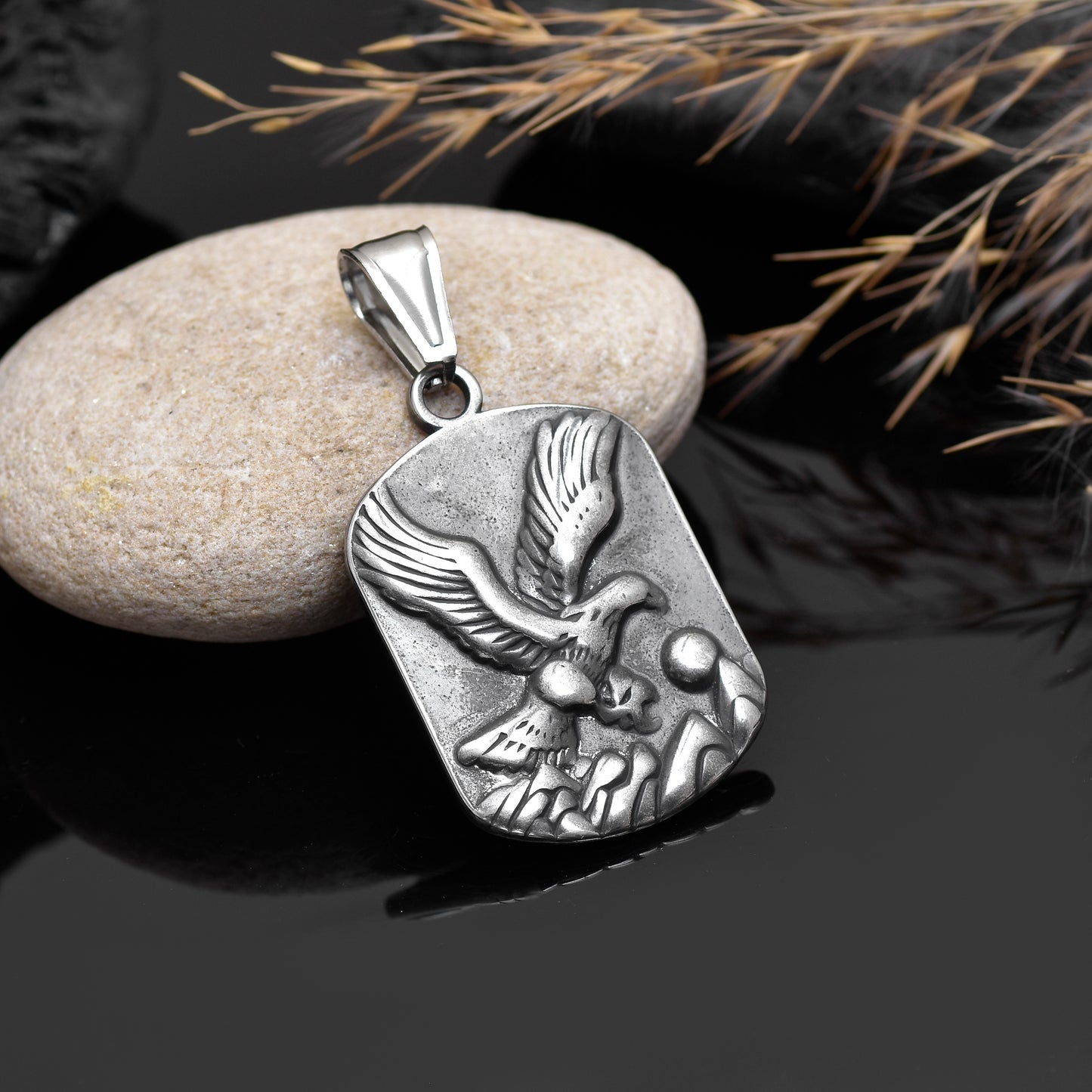 Eagle Pendant, Men's Eagle Dog Tag Necklace, Vintage Spiritual Eagle Stainless Steel Pendant Necklace, Flying Eagle Among Mountain Amulet