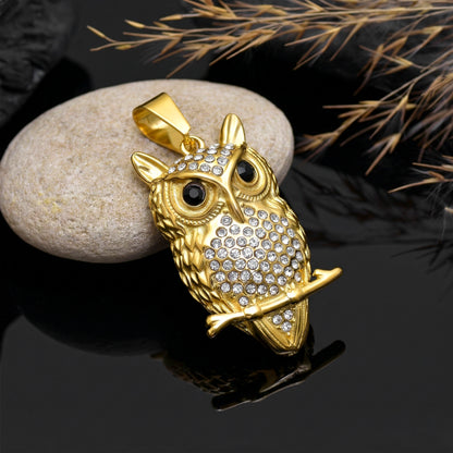 Stainless Steel Iced Out Owl Pendant, Owl Tree Branch Necklace for Men, Gold Filled Owl Pendant With Sparkling Zircon Stones, Owl Charm