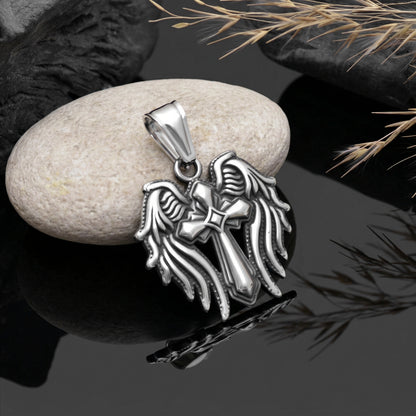Stainless Steel Silver Winged Cross Pendant | Cross Wings Necklace | Gothic Pendant | Celtic Crucifix Necklace | Christian Cross Pendant