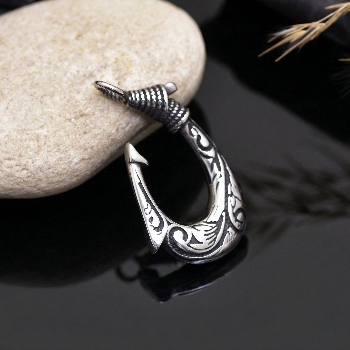 Hawaiian Koa Wood Fish Hook Pendant, Stainless Steel Hawaian Style Fishhook Pendant, Men's Tribal Fish Hook Necklace, Fish Hook Amulet