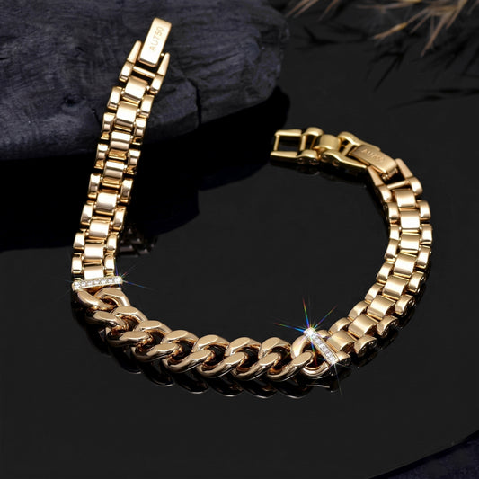 8 Inch Gold Cuban Link Bracelet with Crystal Accents, Stainless Steel Chunky Chain Bracelet, Elegant Statement Jewelry