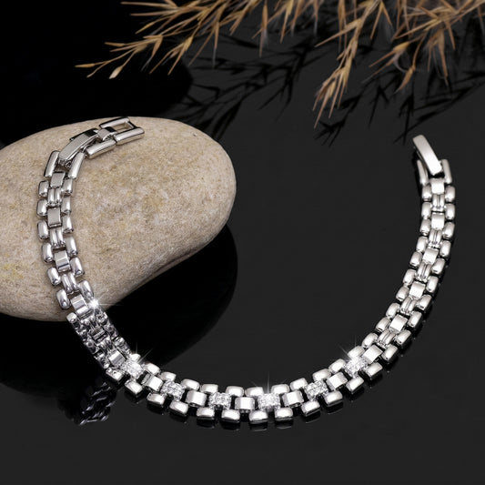 Vintage Brick Link Silver Plated Chain Bracelet - 7 Inch Statement Tennis Bracelet - Bold Unisex Chain Bracelet - Bikers Jewelry