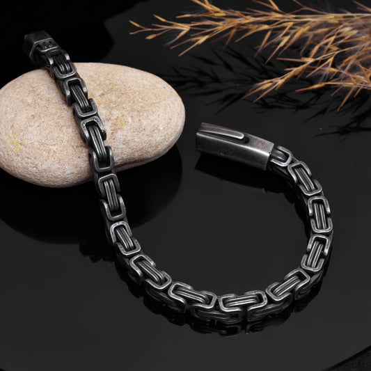 9 Inch Oxidized Geometric Link Bracelet, Stainless Steel Chain Bracelet, Vintage Industrial Style, Unisex Statement Jewelry