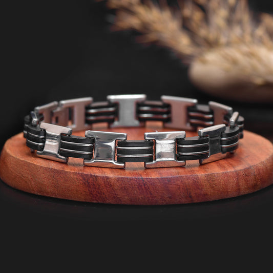 Men's Silver Ceramic Bracelet, 8 Inch Handmade Chain Bracelet, Gift for Him, Stainless steel bracelet with rubber inlay