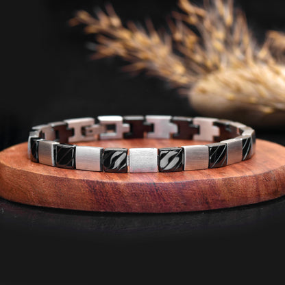 8 Inch Black & Silver Stainless Steel Bracelet, Geometric Link Bracelet, Modern Minimalist Unisex Jewelry