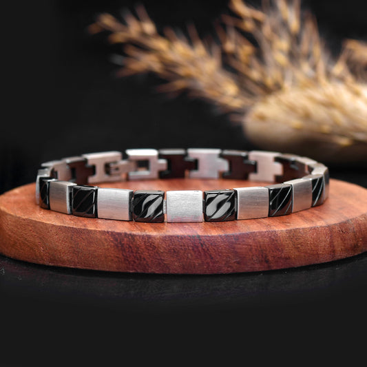 8 Inch Black & Silver Stainless Steel Bracelet, Geometric Link Bracelet, Modern Minimalist Unisex Jewelry
