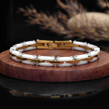 8 Inch White & Gold Stainless Steel Bracelet, Elegant Two Tone Link Bracelet, Modern Minimalist Unisex Jewelry