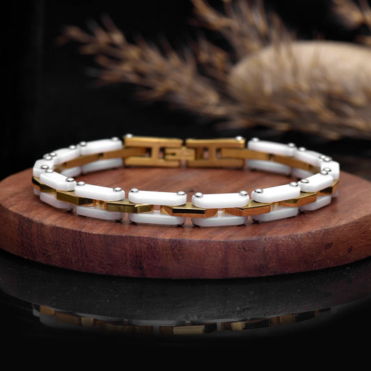 8 Inch White & Gold Stainless Steel Bracelet, Elegant Two Tone Link Bracelet, Modern Minimalist Unisex Jewelry