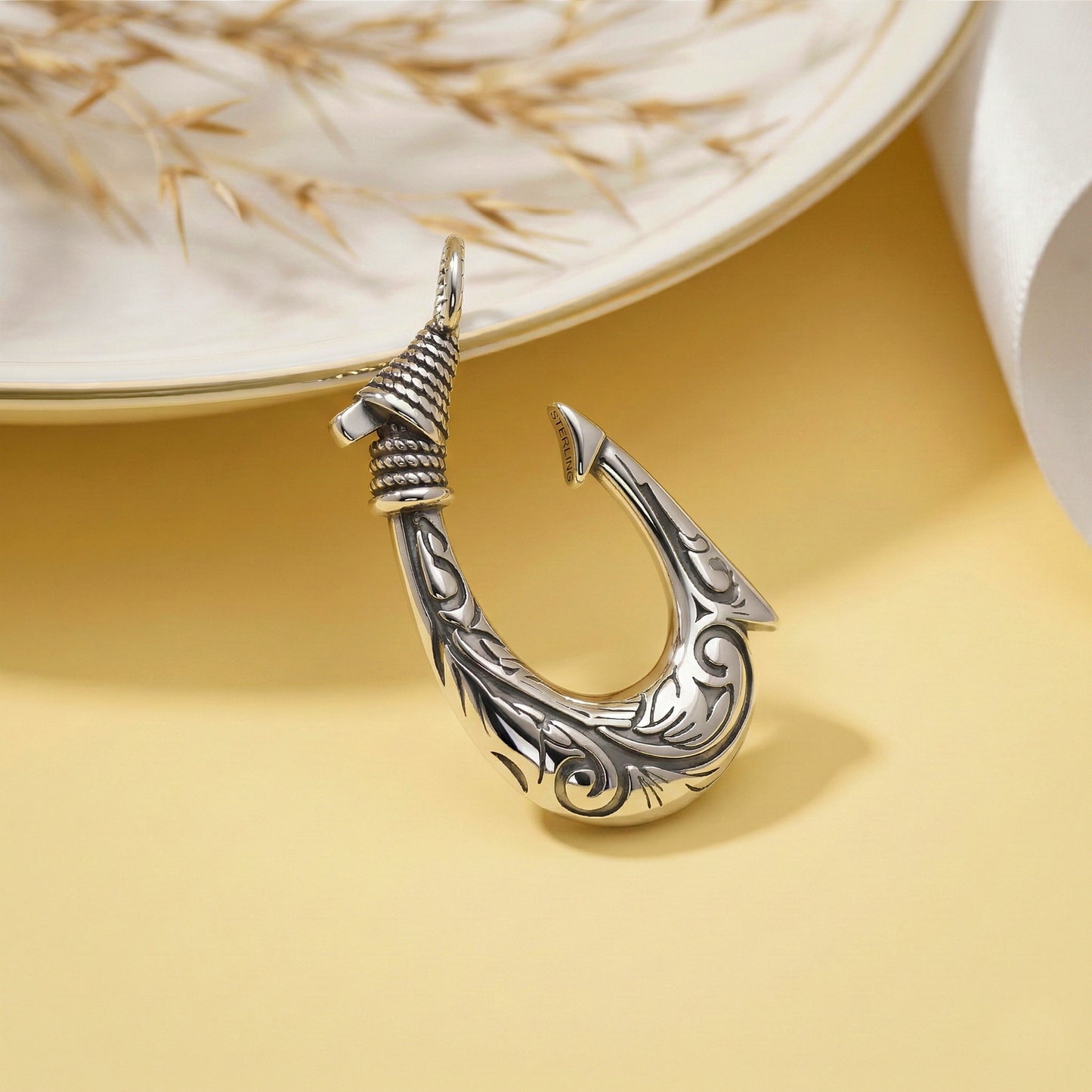 Hawaiian Koa Wood Fish Hook Pendant, Stainless Steel Hawaian Style Fishhook Pendant, Men's Tribal Fish Hook Necklace, Fish Hook Amulet