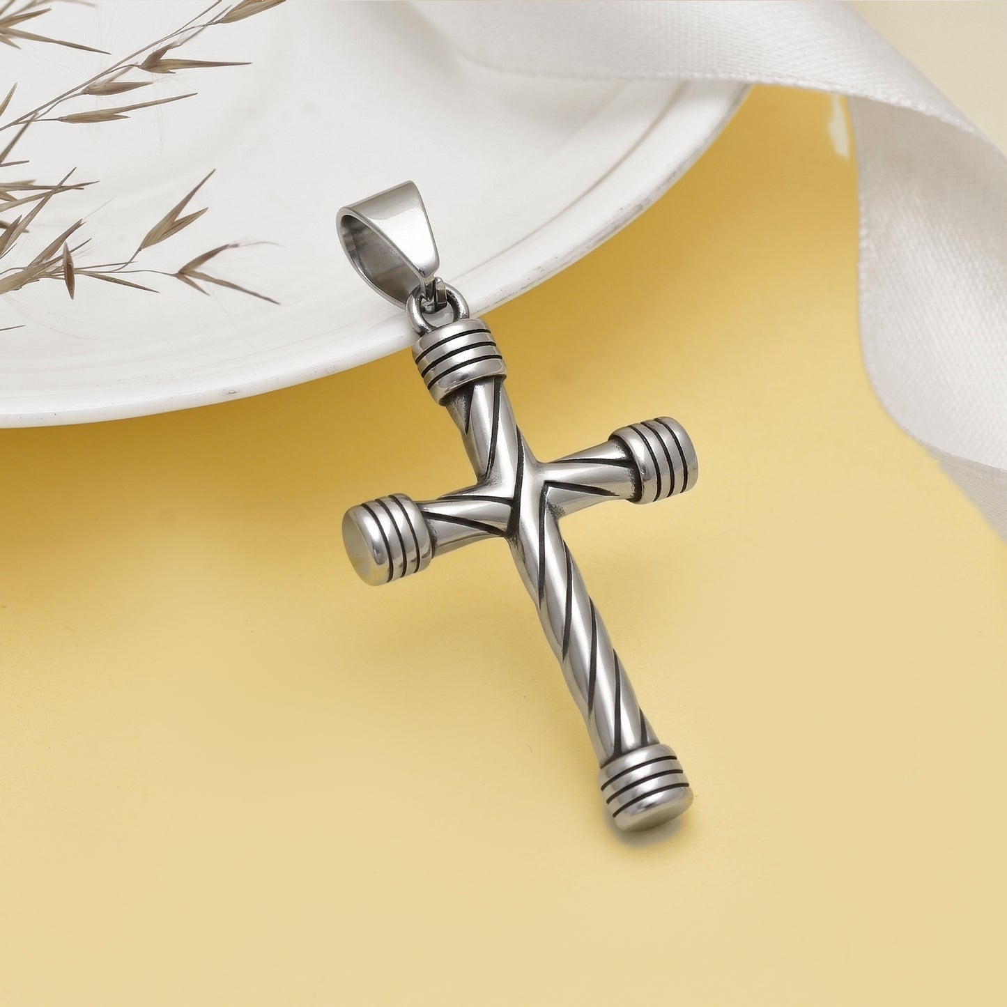 Men's Twisted Cross Necklace, Engraved Crossed Pendant, Stainless Steel Cross Necklace, Christian Pendant, Religious Jewelry Gift