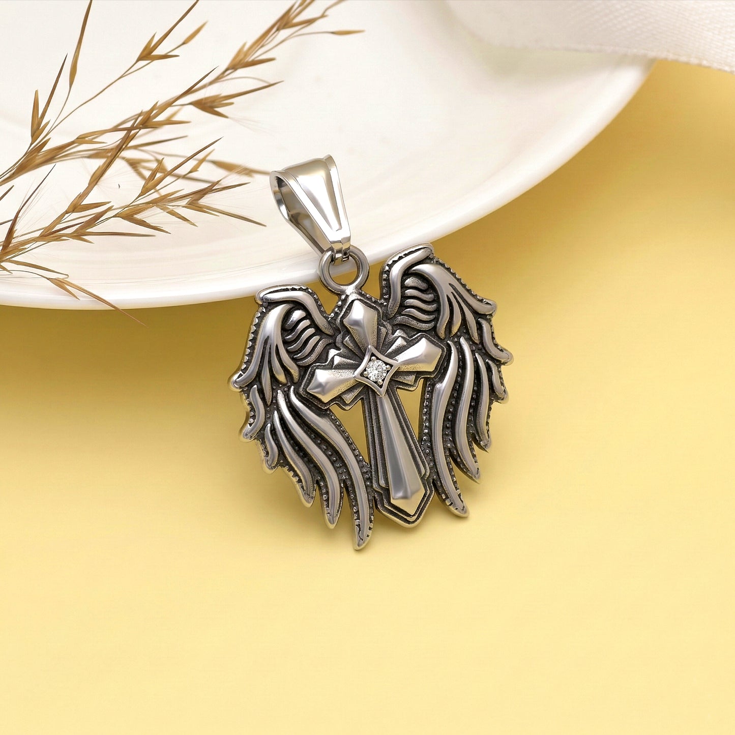 Stainless Steel Silver Winged Cross Pendant | Cross Wings Necklace | Gothic Pendant | Celtic Crucifix Necklace | Christian Cross Pendant