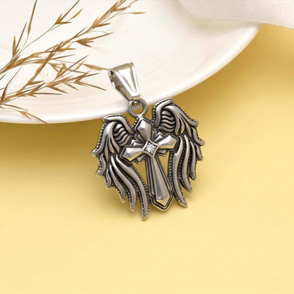 Stainless Steel Silver Winged Cross Pendant | Cross Wings Necklace | Gothic Pendant | Celtic Crucifix Necklace | Christian Cross Pendant