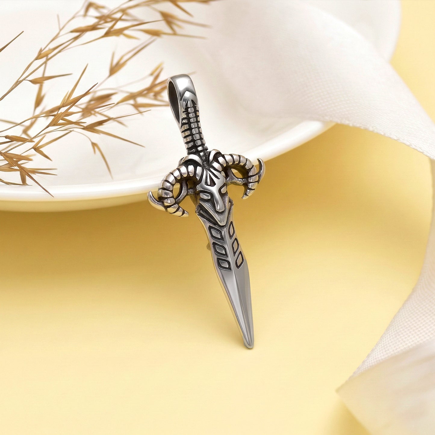 Dagger Pendant, Rams head dagger stainless steel pendant necklace, Goat Horns Barbarian Necklace, Viking Style Jewelry, Blade Charm