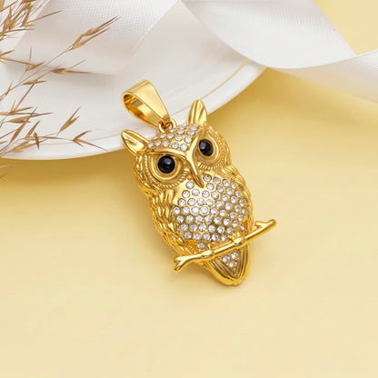 Stainless Steel Iced Out Owl Pendant, Owl Tree Branch Necklace for Men, Gold Filled Owl Pendant With Sparkling Zircon Stones, Owl Charm