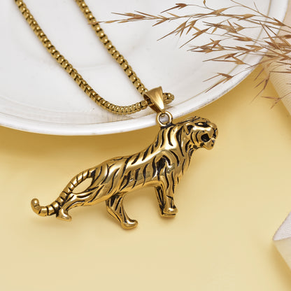 Tiger Pendant Necklace Gold Finish, Animal Charm Necklace, Wild Cat Jewelry, Men’s Statement Pendant, Tiger Lover Gift
