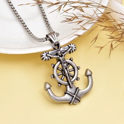 Stainless Steel Anchor Pendant Necklace, Men's Nautical Anchor Jesus Cross Necklace, Ship Wheel Compass, Unisex Pendant, Gift for Him & Her