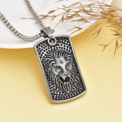 Men's Lion Head Dog Tag Pendant Necklace, Antique Silver Finished 3D Engraved Tiger Head Pendant, Gift for Animal Lovers