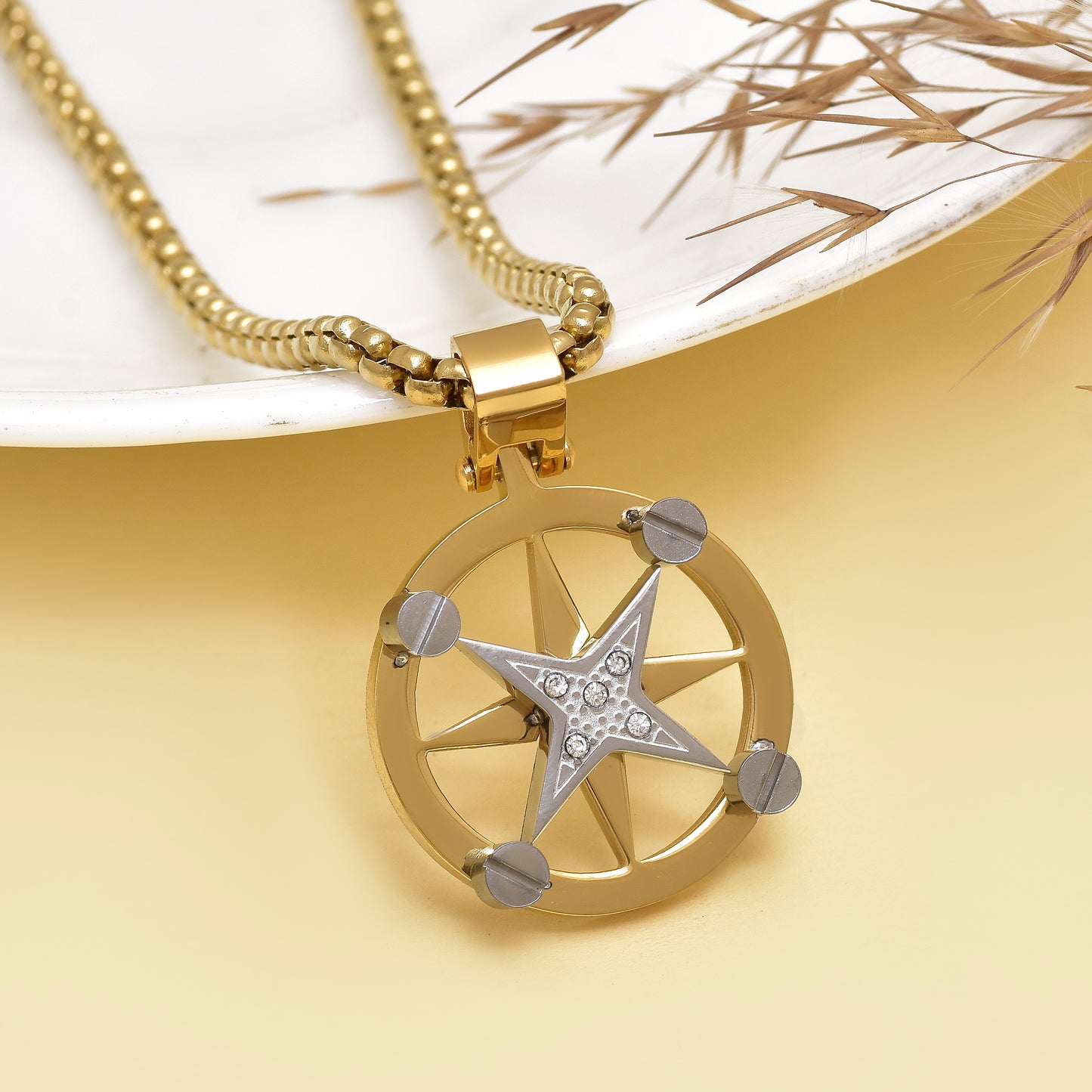 Star Wheel Pendant Necklace Gold Silver Tone, Compass Star Charm, Minimalist Geometric Jewelry, Men’s Statement Necklace