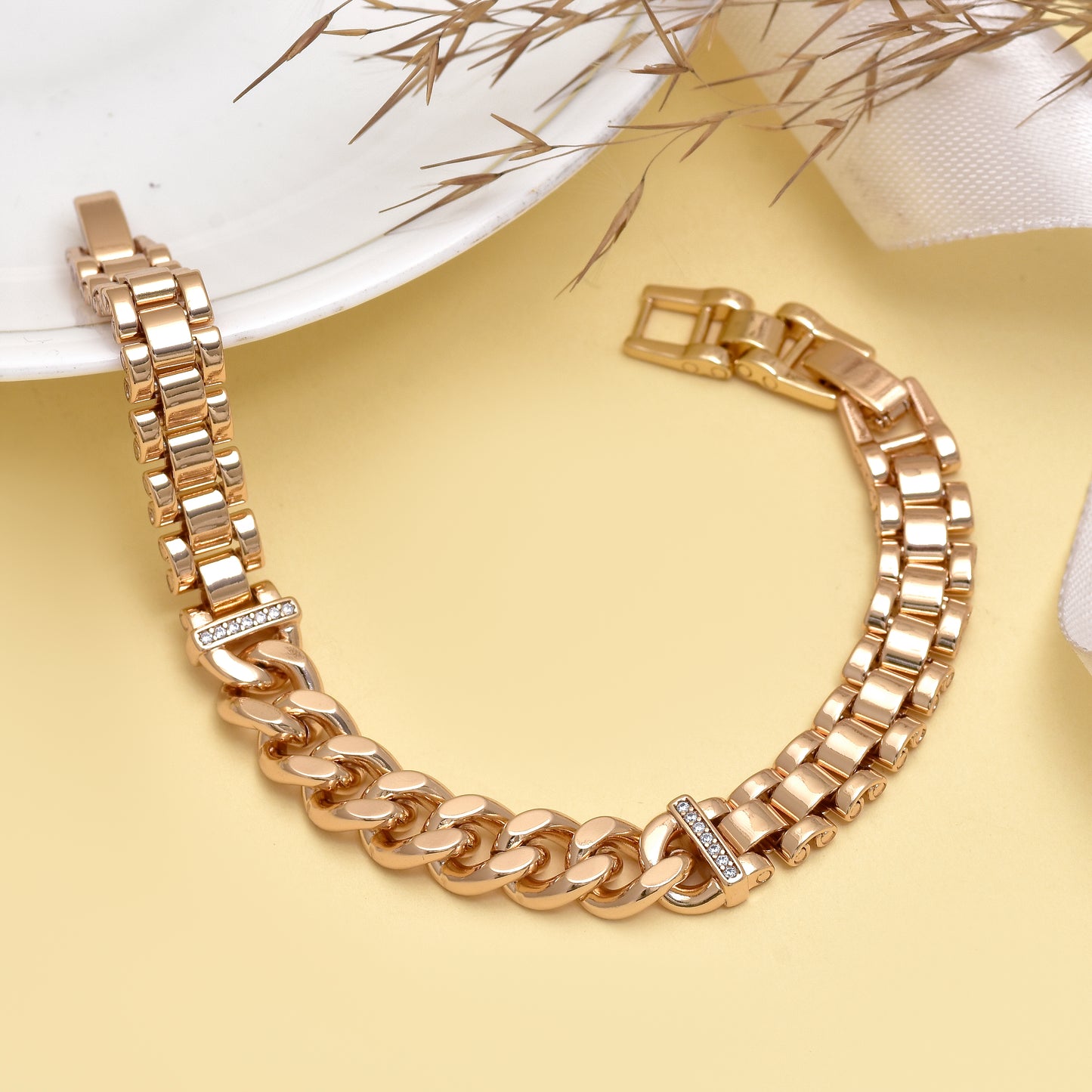 8 Inch Gold Cuban Link Bracelet with Crystal Accents, Stainless Steel Chunky Chain Bracelet, Elegant Statement Jewelry