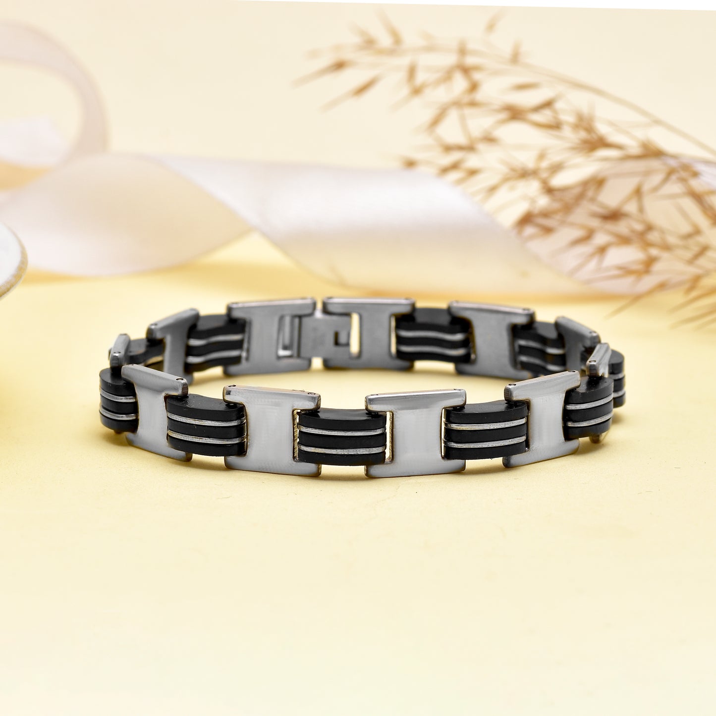 Men's Silver Ceramic Bracelet, 8 Inch Handmade Chain Bracelet, Gift for Him, Stainless steel bracelet with rubber inlay