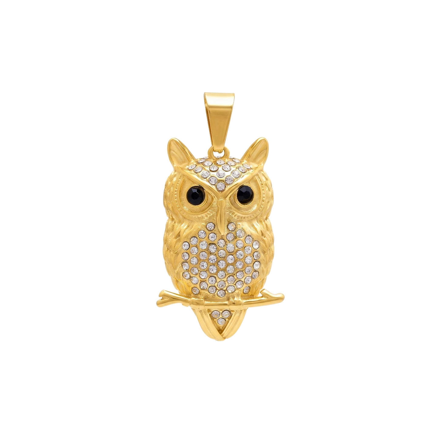 Stainless Steel Iced Out Owl Pendant, Owl Tree Branch Necklace for Men, Gold Filled Owl Pendant With Sparkling Zircon Stones, Owl Charm