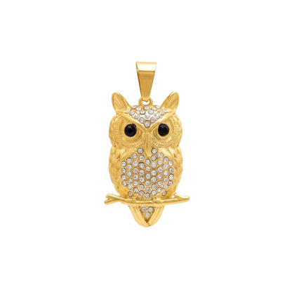Stainless Steel Iced Out Owl Pendant, Owl Tree Branch Necklace for Men, Gold Filled Owl Pendant With Sparkling Zircon Stones, Owl Charm