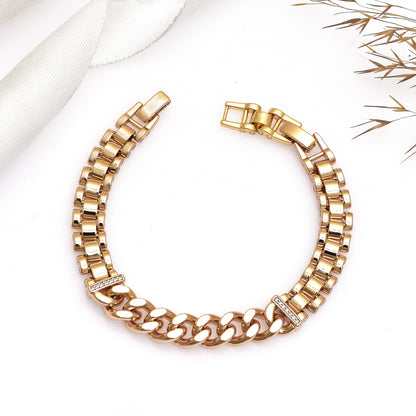 8 Inch Gold Cuban Link Bracelet with Crystal Accents, Stainless Steel Chunky Chain Bracelet, Elegant Statement Jewelry