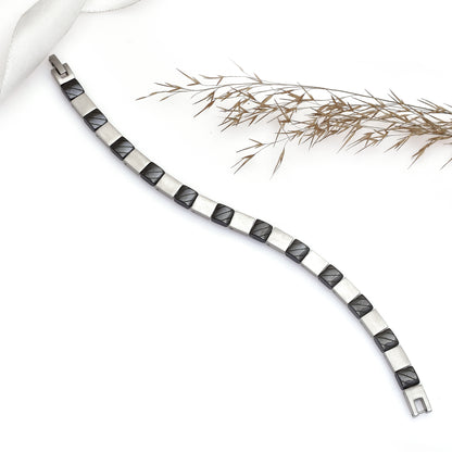 8 Inch Black & Silver Stainless Steel Bracelet, Geometric Link Bracelet, Modern Minimalist Unisex Jewelry