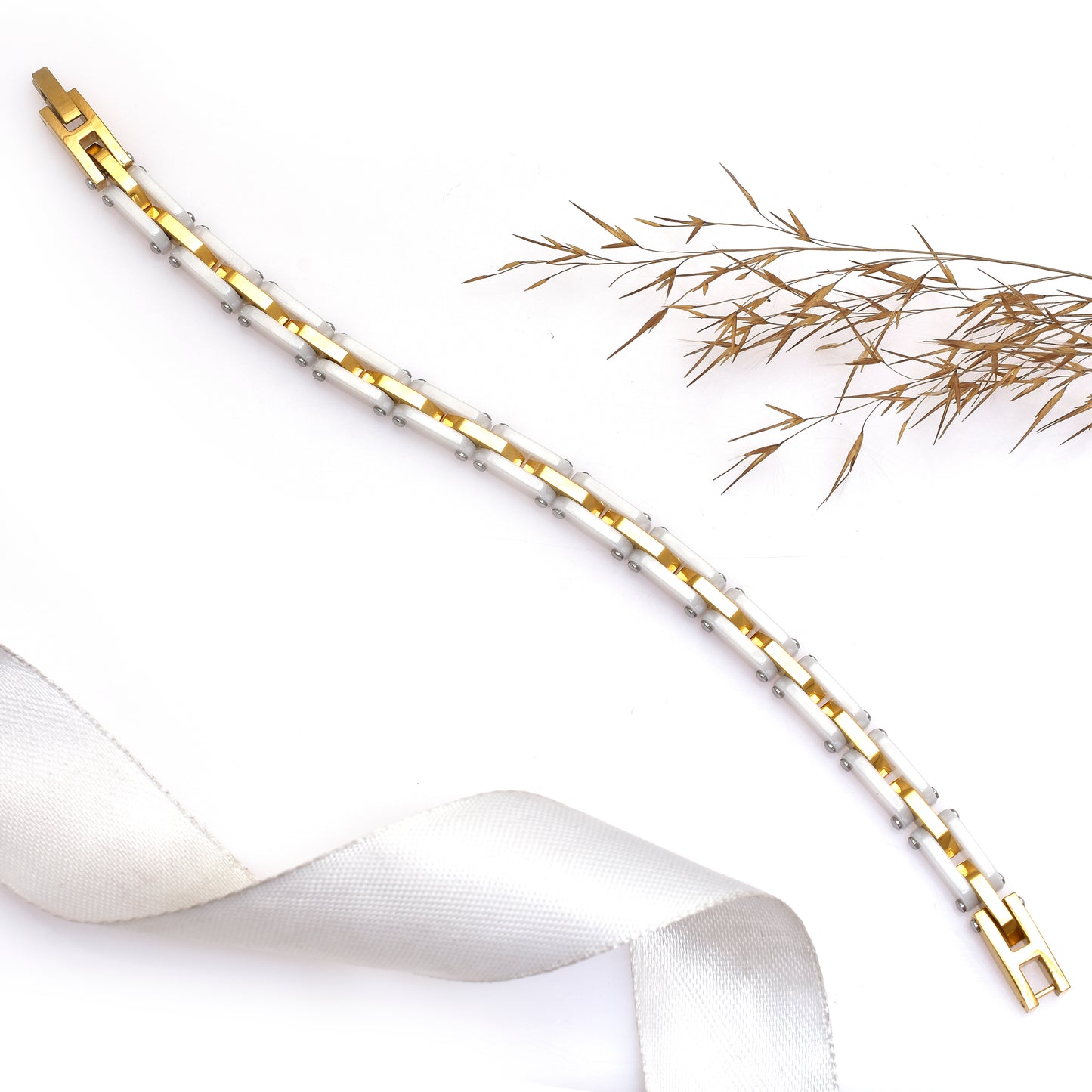 8 Inch White & Gold Stainless Steel Bracelet, Elegant Two Tone Link Bracelet, Modern Minimalist Unisex Jewelry