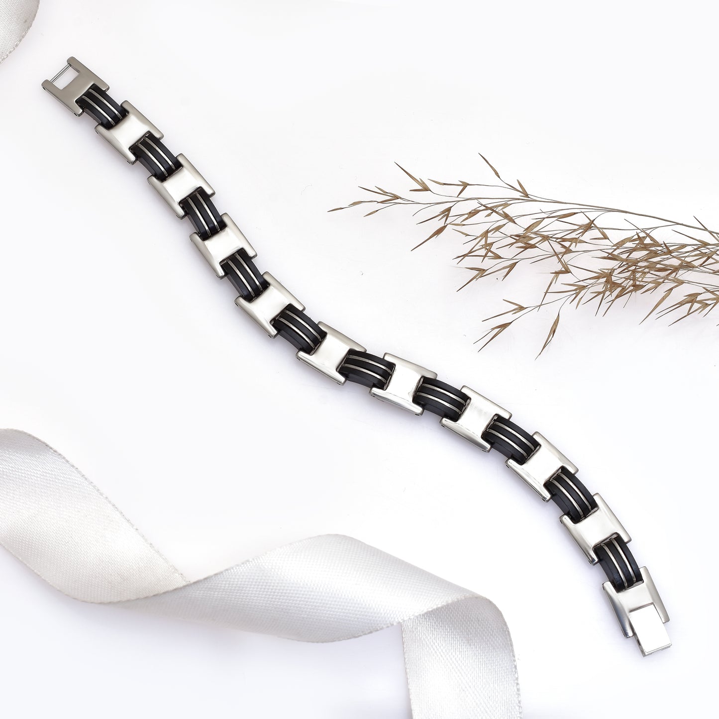 Men's Silver Ceramic Bracelet, 8 Inch Handmade Chain Bracelet, Gift for Him, Stainless steel bracelet with rubber inlay