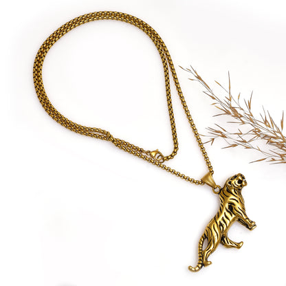 Tiger Pendant Necklace Gold Finish, Animal Charm Necklace, Wild Cat Jewelry, Men’s Statement Pendant, Tiger Lover Gift