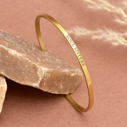 Soul Sisters Engraved Band Bracelets, Positive Message Engraved Open Cuff Bangle, Sister Defination Bracelet, Sister Sentimental Jewelry
