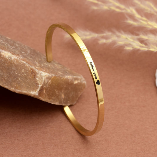 Follow your Heart Bracelet | Inspirational Quote Barcelet | Gold Engraved Cuff Bracelet | Adjustable Minimalist Bangle | Motivational Gift