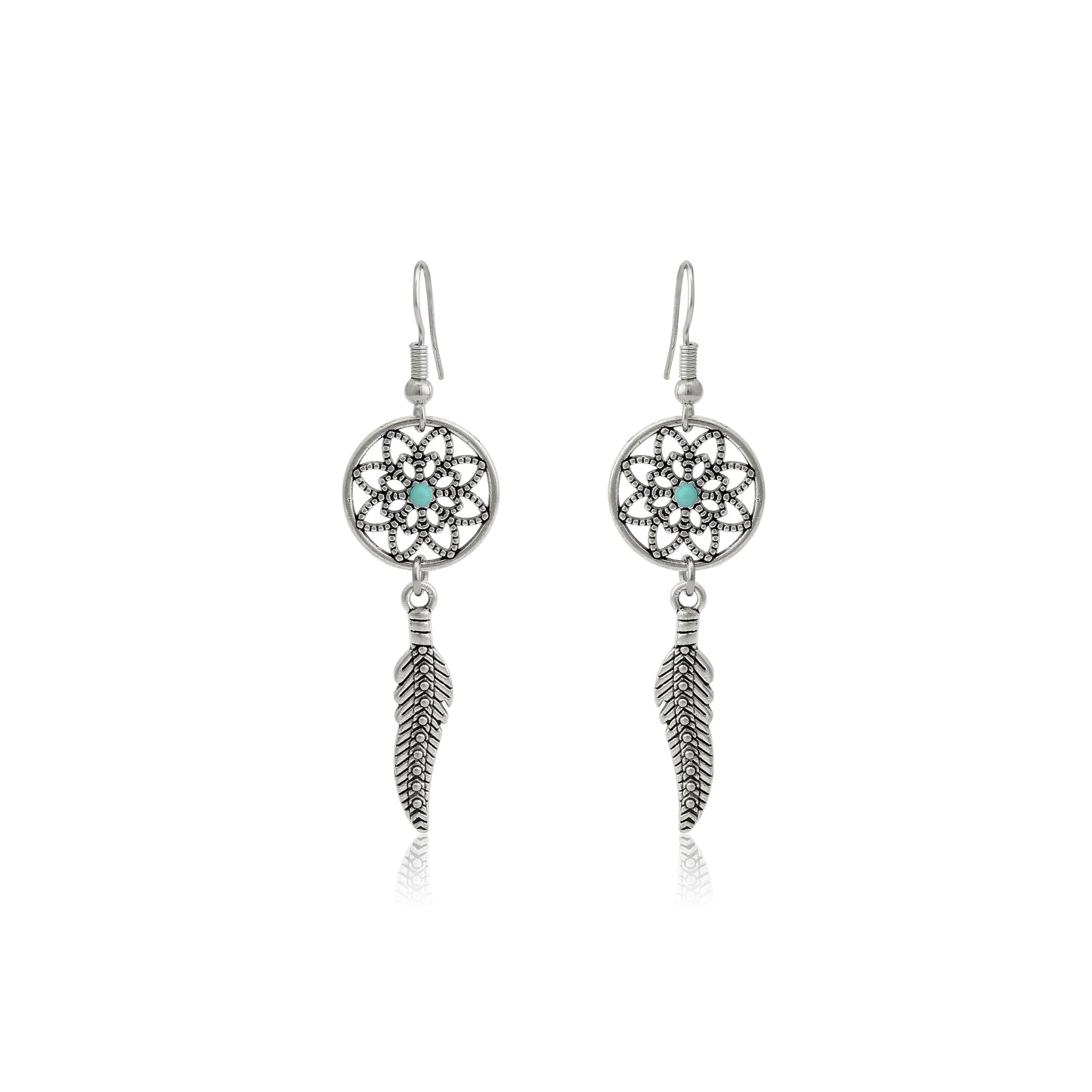 Dreamcatcher Earrings, Tibetan Turquoise Gemstone Earrings, Howlite Dreamcatcher Earrings, Bohemian Ethnic Jewelry, Feather Dandle Earrings