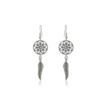 Dreamcatcher Earrings, Tibetan Turquoise Gemstone Earrings, Howlite Dreamcatcher Earrings, Bohemian Ethnic Jewelry, Feather Dandle Earrings