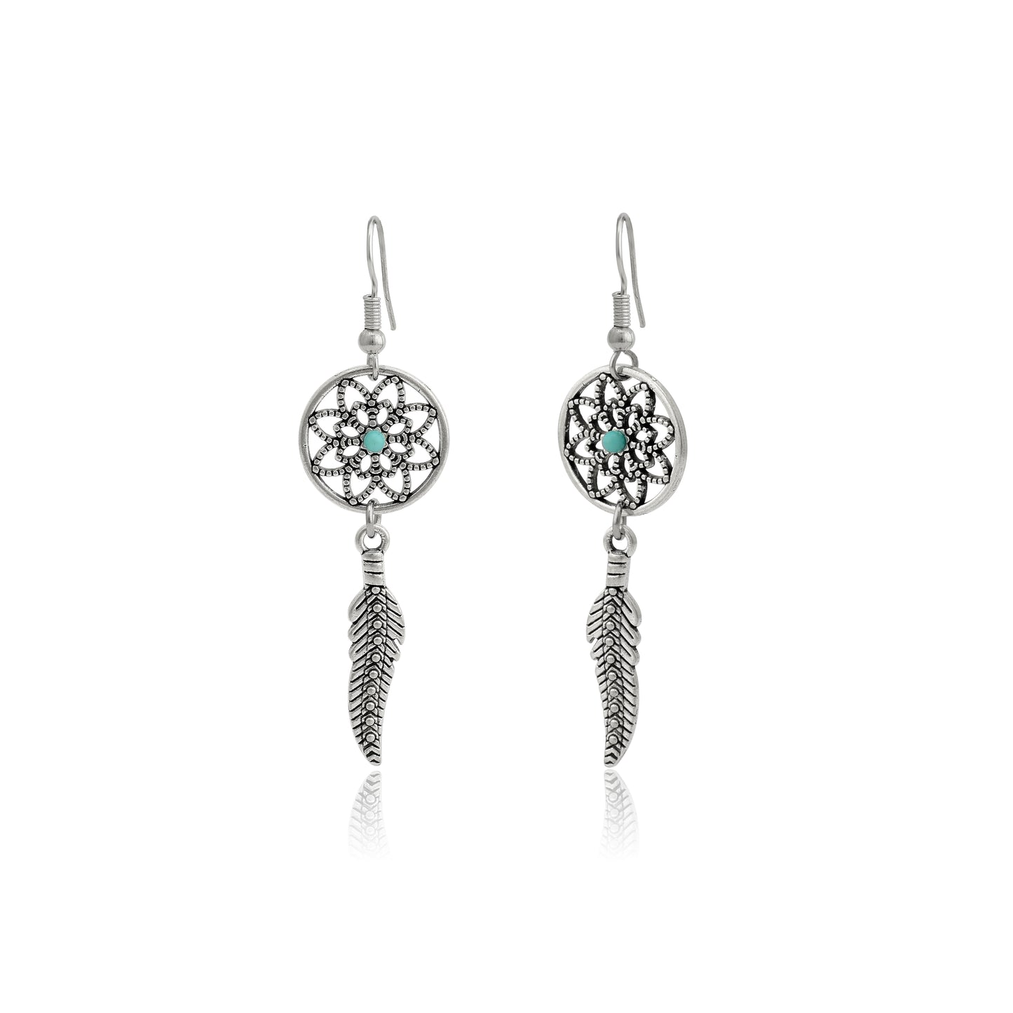 Dreamcatcher Earrings, Tibetan Turquoise Gemstone Earrings, Howlite Dreamcatcher Earrings, Bohemian Ethnic Jewelry, Feather Dandle Earrings