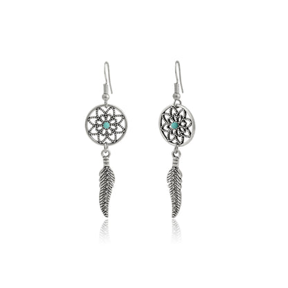 Dreamcatcher Earrings, Tibetan Turquoise Gemstone Earrings, Howlite Dreamcatcher Earrings, Bohemian Ethnic Jewelry, Feather Dandle Earrings
