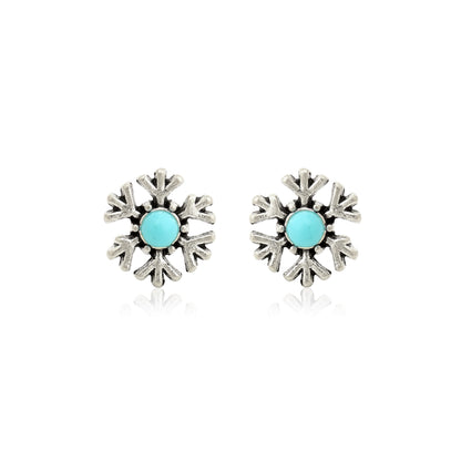 Vintage Navajo Turquoise Sunflower Earrings, Handmade Snowflake Stud Earrings, Floral Boho Studs, Everyday Bohemian Jewelry, Gift for Her