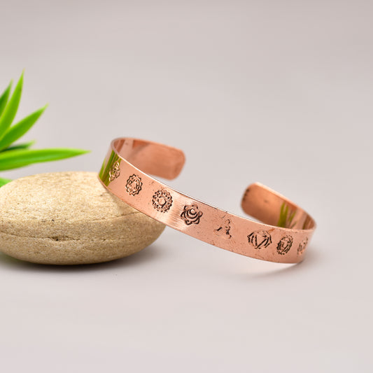 Pure Copper Healing Kada, Chakra Copper Cuff Bangle Bracelet, 7 Chakra Yoga Symbol Engravd Kada for Men & Women, Adjustable Bracelet