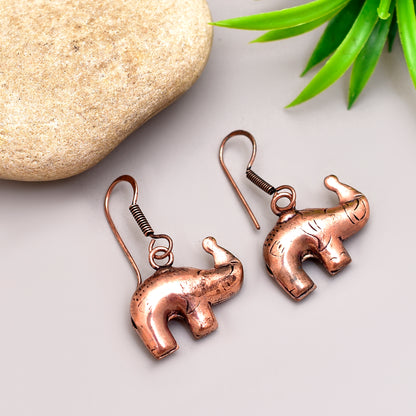 Copper Elephant Dangle Earrings, Boho Earthy Charm, Handcrafted Fish Hook Jewelry