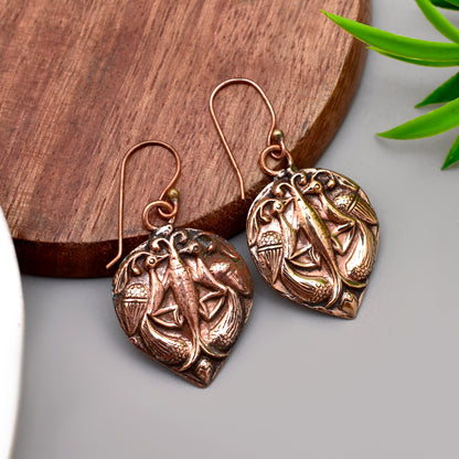 Copper Bird Earrings | Vintage Boho Dangle Earrings | Nature Inspired Drop Earrings | Rustic Handmade Style Jewelry | Gift for Her