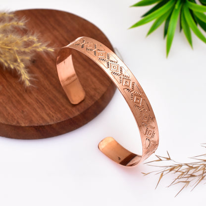 Adjustable Copper Anatolim Kilim Bracelet, Tribal Print Engraved Copper Bracelet, Western Style Jewelry, Copper Cuff Bangle, Ideal for Gift