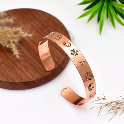 Pure Copper Healing Kada, Chakra Copper Cuff Bangle Bracelet, 7 Chakra Yoga Symbol Engravd Kada for Men & Women, Adjustable Bracelet