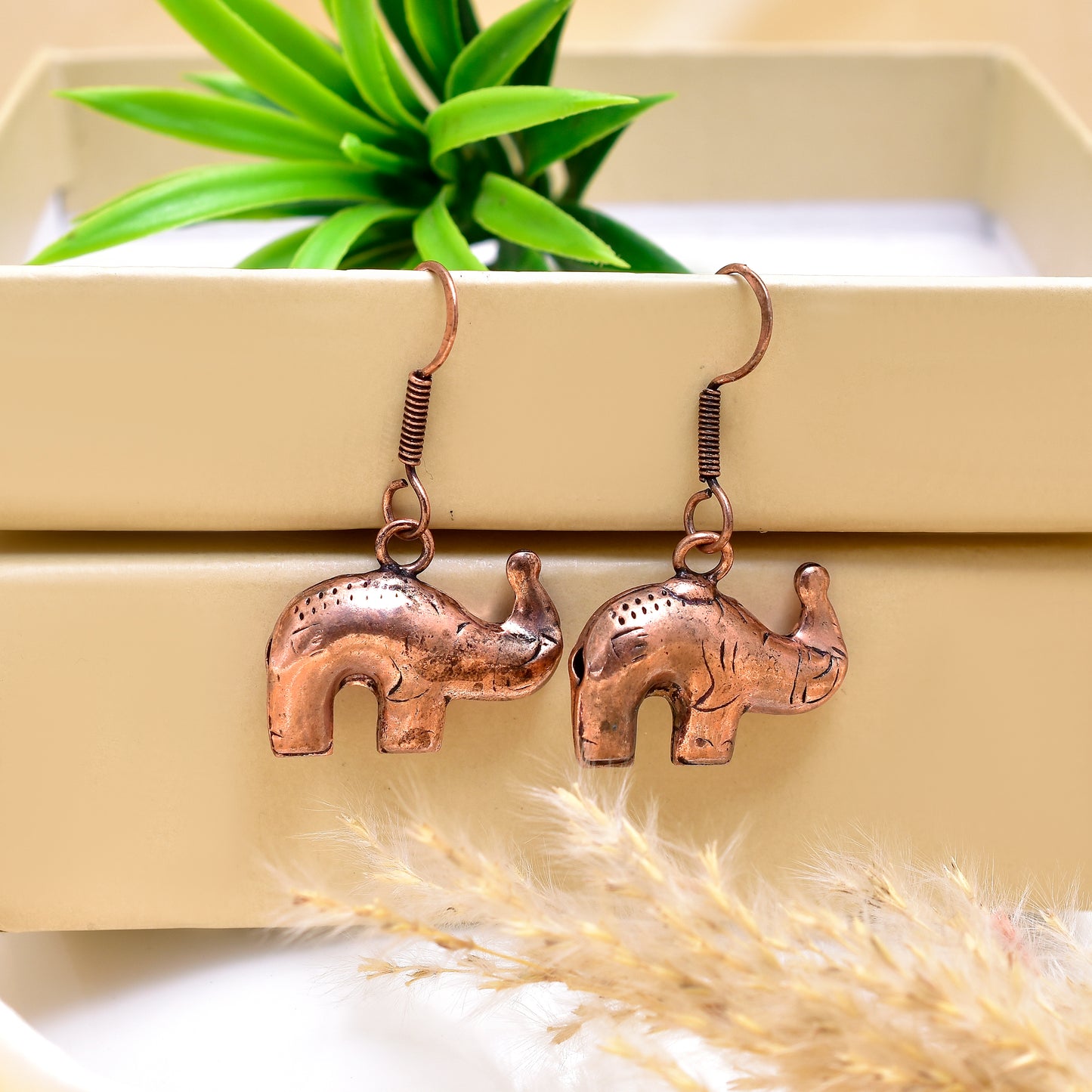 Copper Elephant Dangle Earrings, Boho Earthy Charm, Handcrafted Fish Hook Jewelry