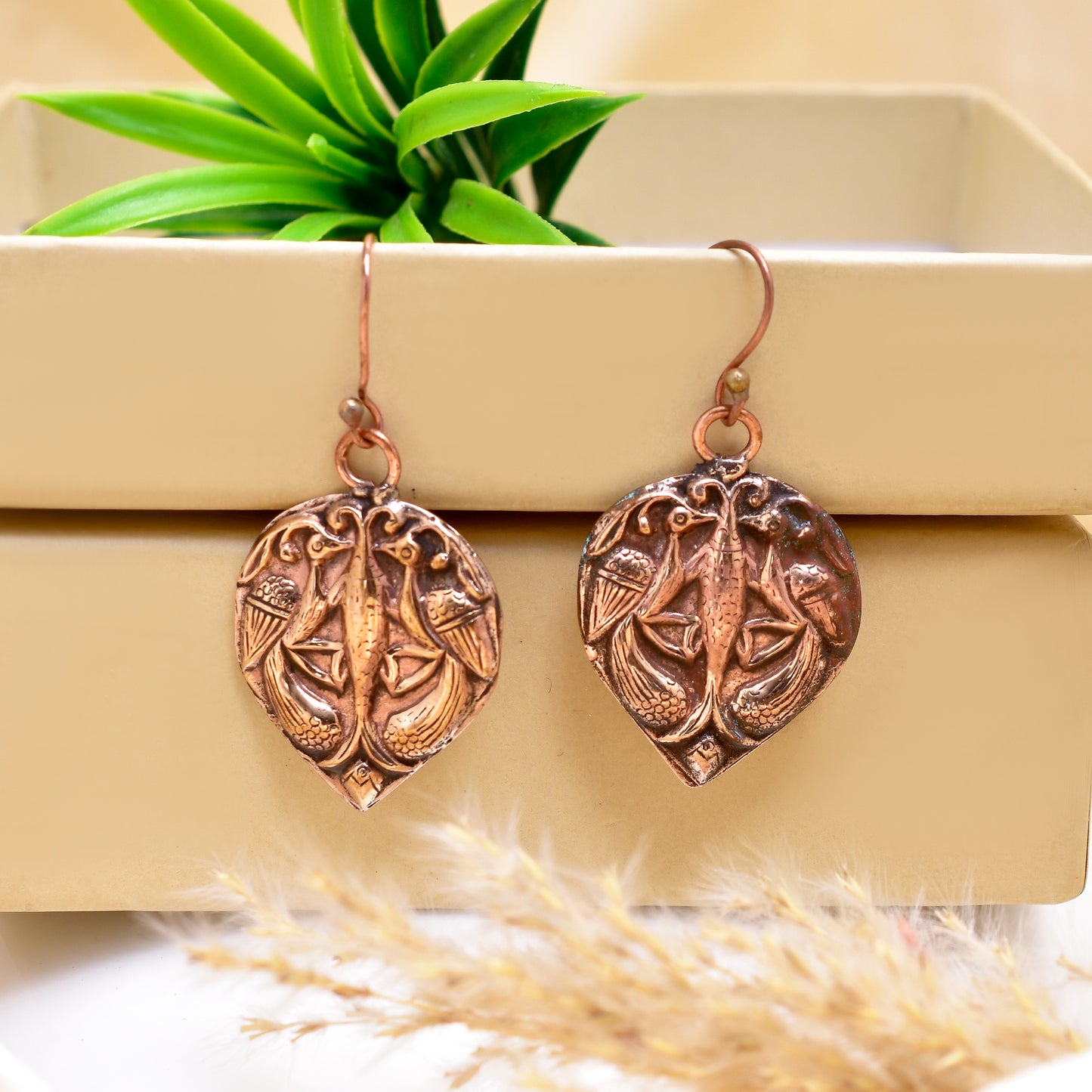 Copper Bird Earrings | Vintage Boho Dangle Earrings | Nature Inspired Drop Earrings | Rustic Handmade Style Jewelry | Gift for Her