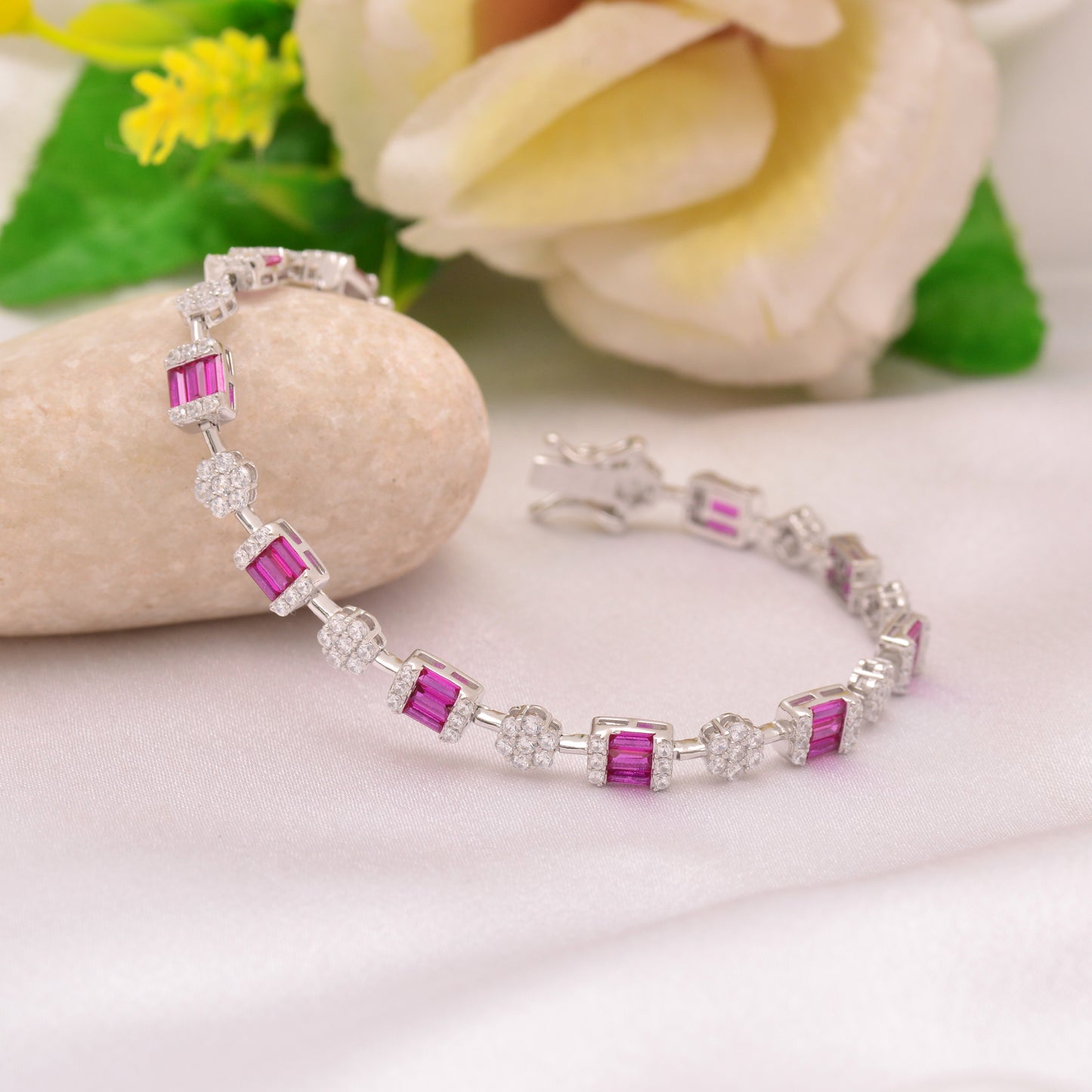 925 Sterling Silver Pink Cubic Zircon Tennis Bracelet For Women