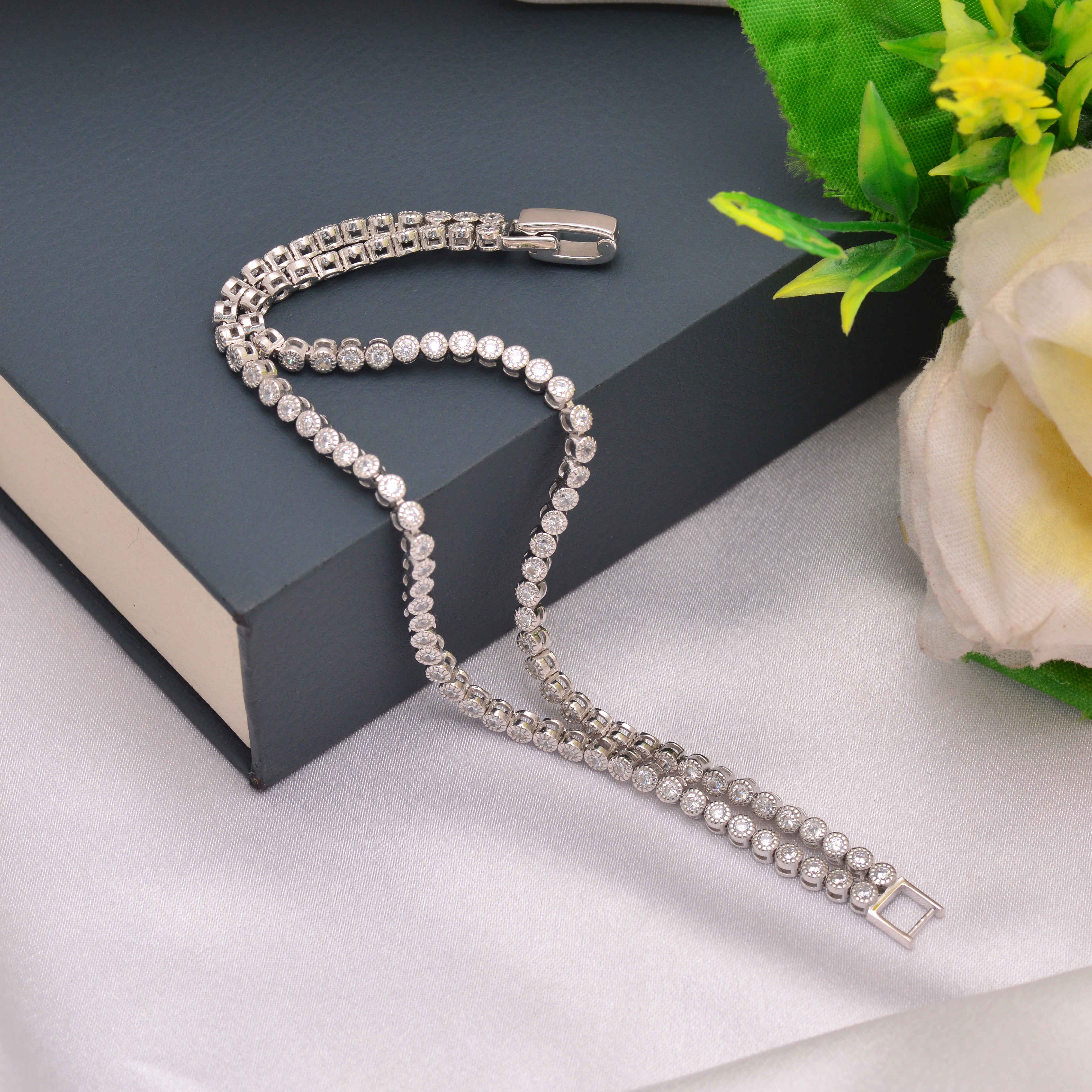 925 Sterling Silver Two Line Tennis Chain Bracelet Women 7 mm