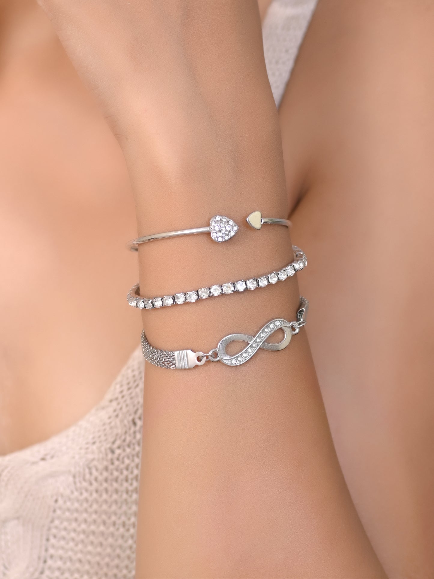 Infinity Bangle Bracelet Set of 3, Korean Bracelet Set, Multilayer Charm Bangle Adjustable Bracelet for Women and Girls, Tennis Bracelet