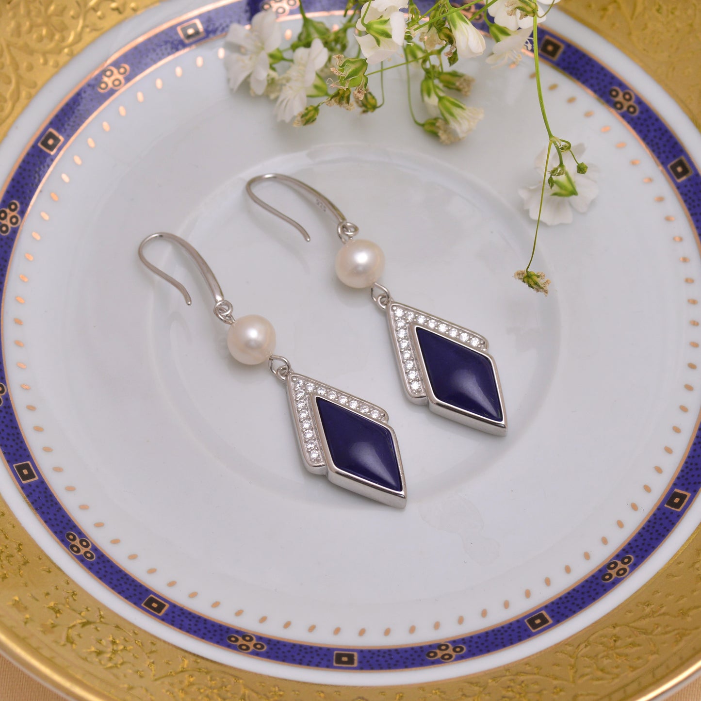 925 Sterling Silver Rhombus Shape Dangle Earrings