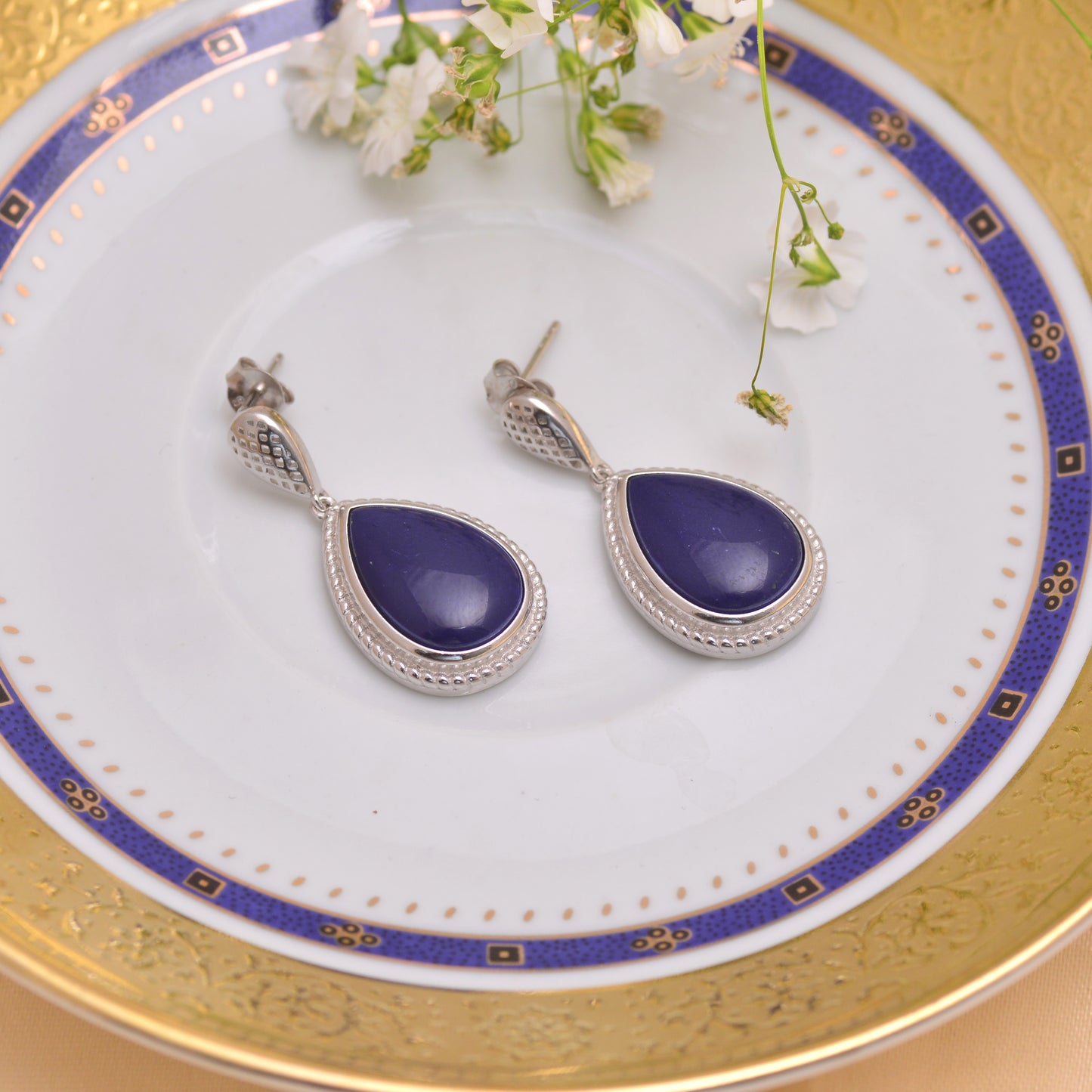 925 Sterling Silver Royal Blue Drop Shape Dangle Earrings